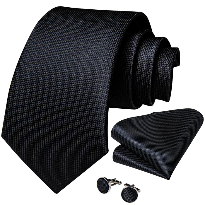 Ties2you Silk Tie Black Solid Tie Pocket Square Cufflinks Set Classic