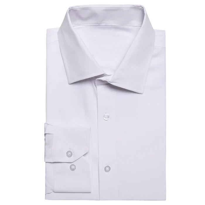 Pure White Solid Cotton Stretchy Fabric Men's Long Sleeve Shirt