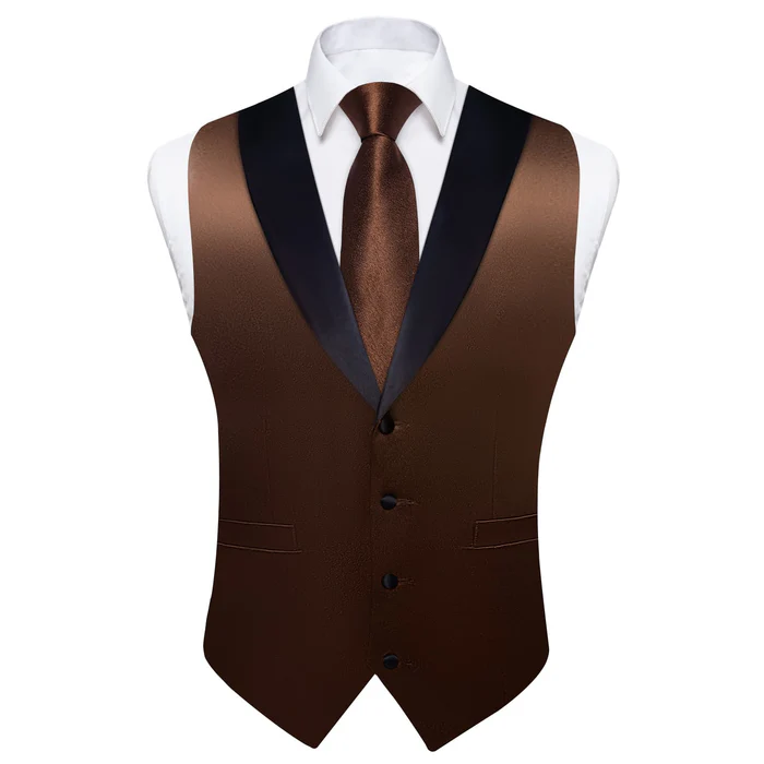 Ties2you Work Vest Shining Chocolate Brown Solid Shawl Collar Silk Business Mens Vest Tie Set