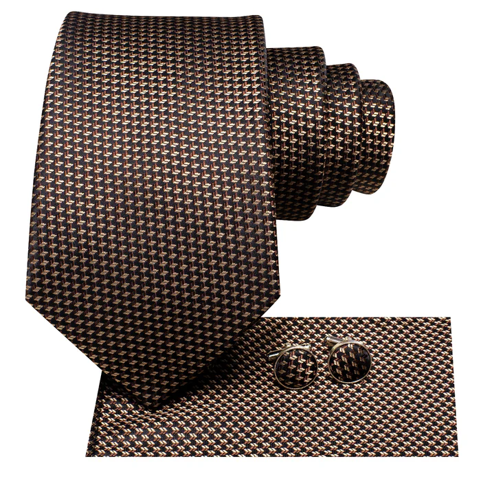 Ties2you Mens Tie Brown Geometric Silk Tie Handkerchief Cufflinks Set