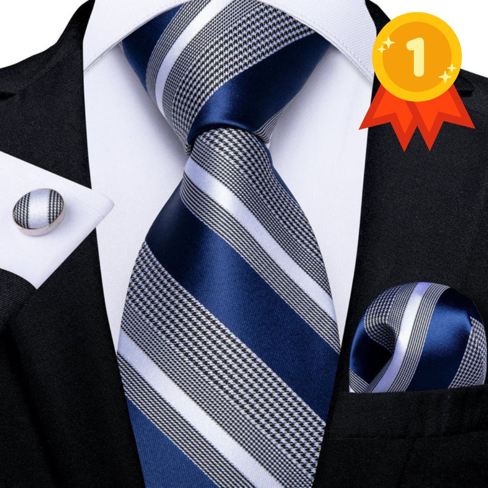 Royal Blue Grey Striped Silk Fabric Mens Tie Hanky Cufflinks Set