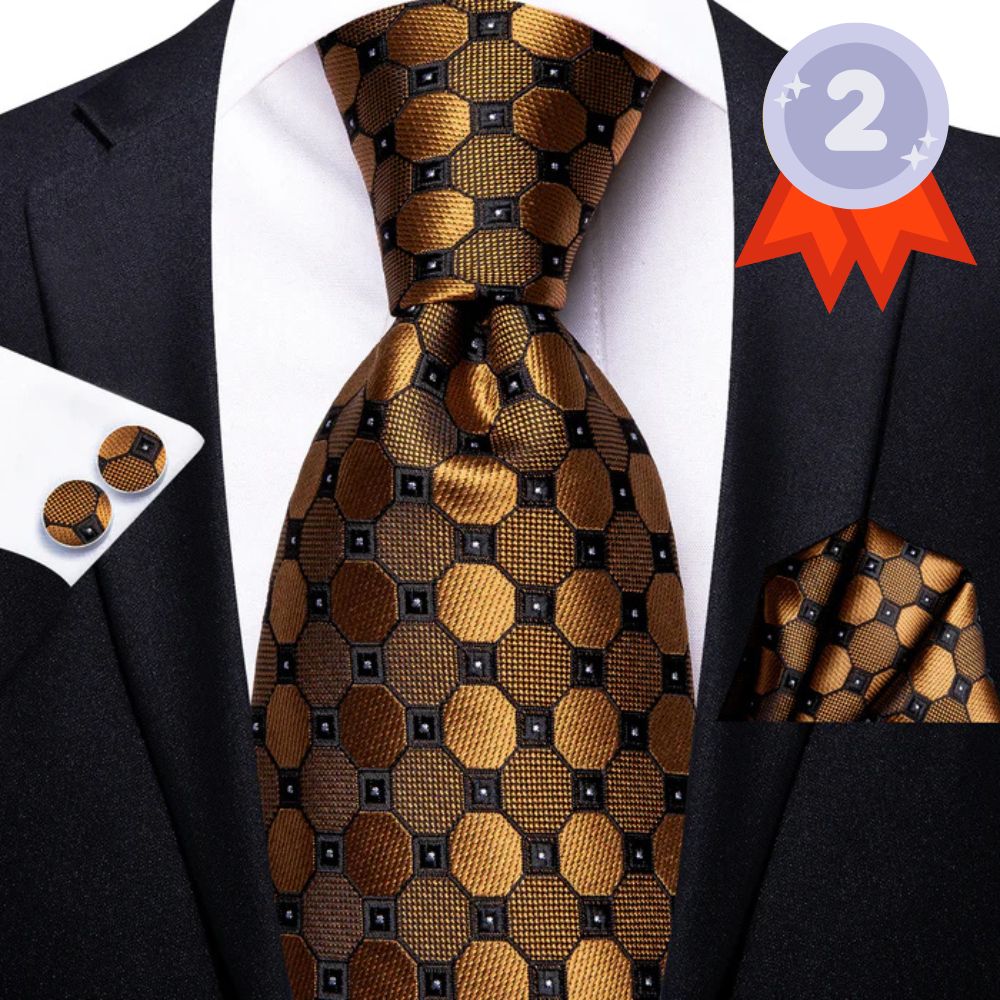 Ties2you Plaid Tie Silk Gold Tie Pocket Square Cufflinks Set for Men