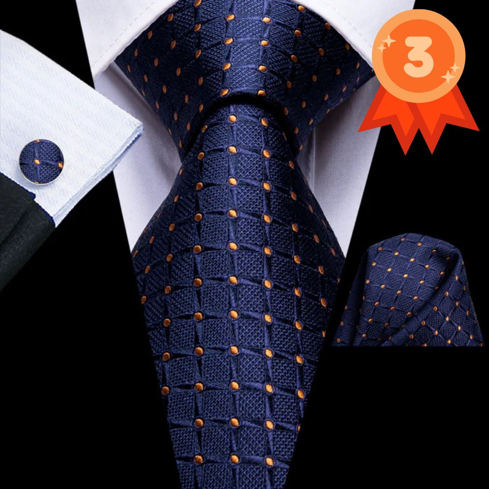 Deep Blue Plaid Golden Point Men's Necktie Pocket Square Cufflinks Set