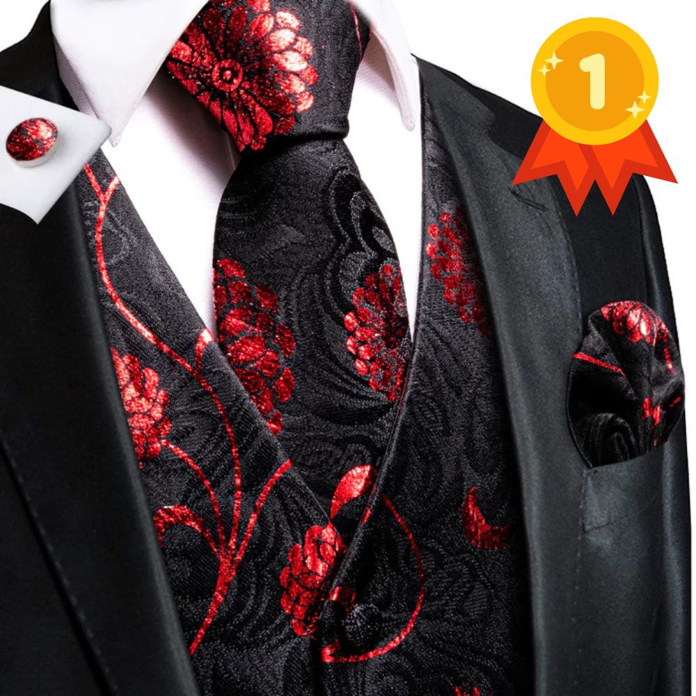 Ties2you Black Suit Vest Red Floral Men's Vest Tie Hanky Cufflinks Set Fashion