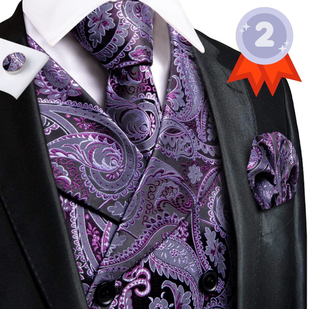 Ties2you Men's Vest Purple Paisley Jacquard Silk Vest Hanky Cufflinks Tie Set