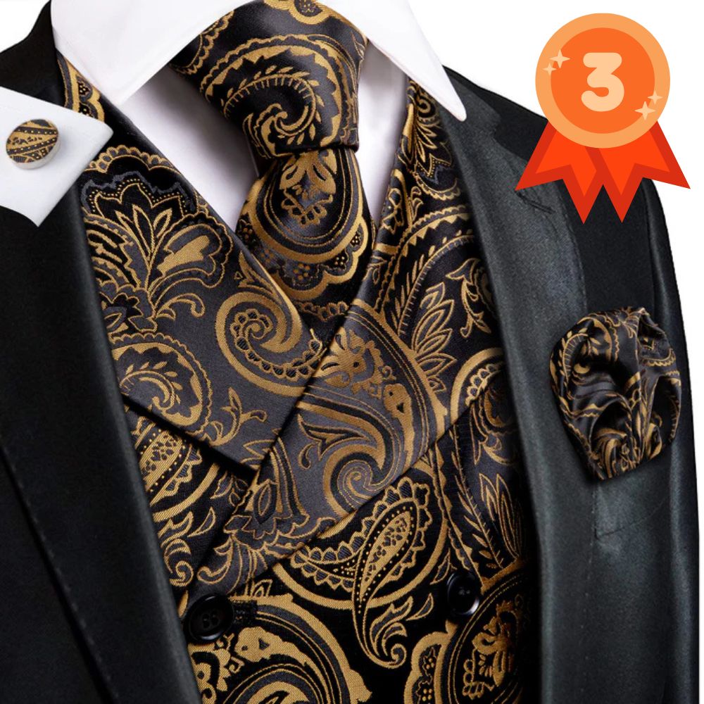 Ties2you Men's Vest Black Gold Paisley Vest Pocket Square Cufflinks Tie Set