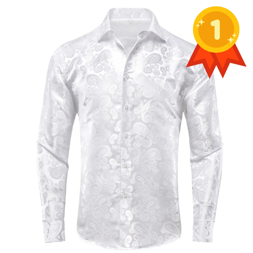 Pure White Paisley Silk Men's Long Sleeve Shirt