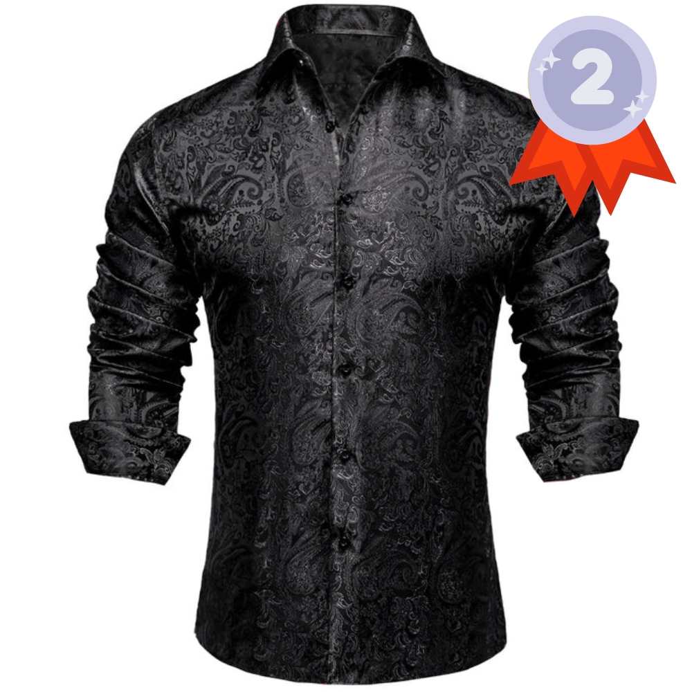 Ties2you Button Down Shirt Black Paisley Pattern Silk Men's Long Sleeve Shirt