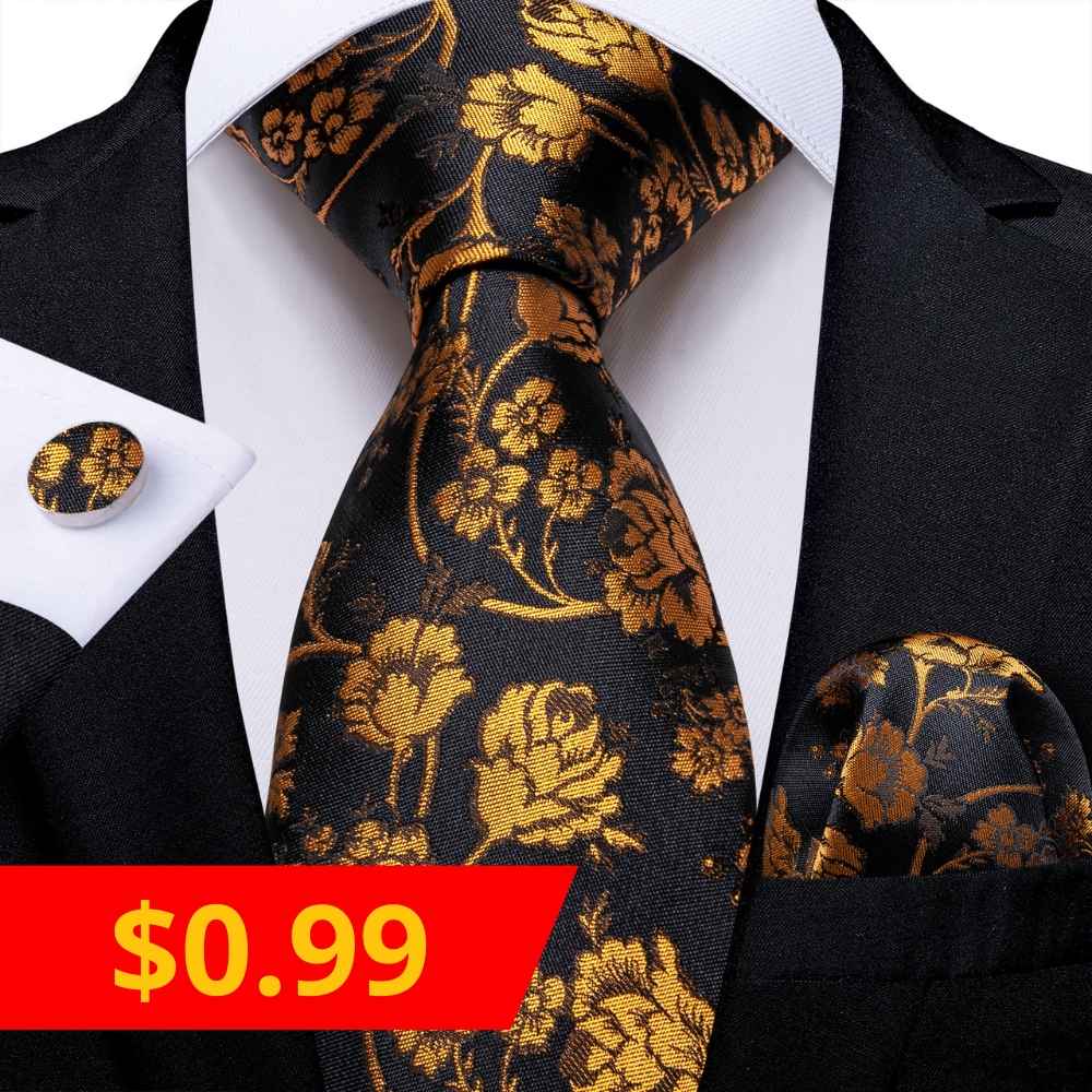 $0.99 Black Golden Floral Silk Men's Necktie Pocket Square Cufflinks Set