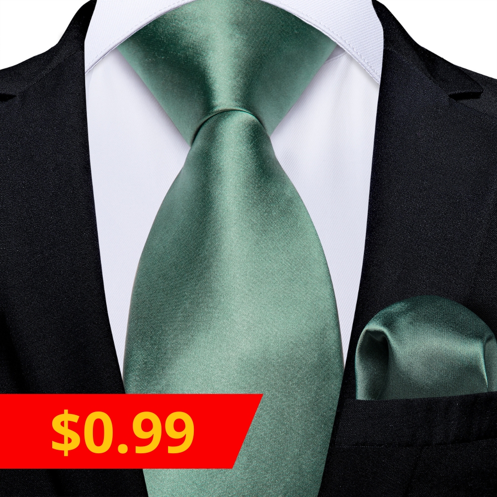 $0.99 Green Solid Satin Silk Men's Necktie Hanky Tie Set