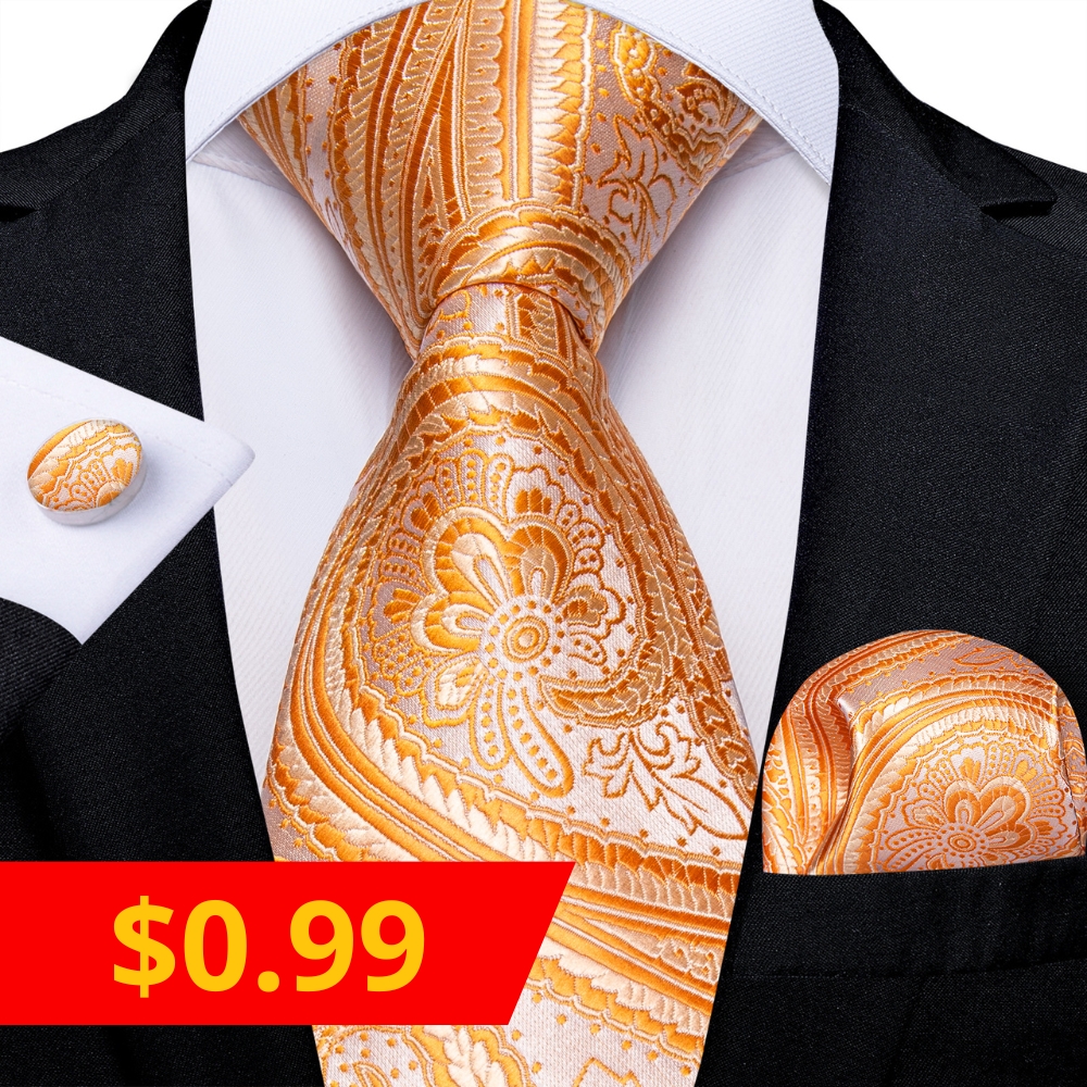 $0.99 Orange Paisley Silk Men's Necktie Pocket Square Cufflinks Set