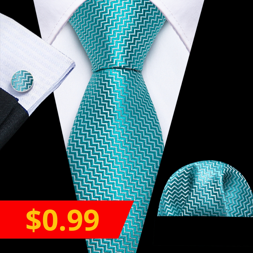 $0.99 Sea Foam Blue Novelty Woven Men's 63 Inches Extra Length Tie Pocket Square Cufflinks Set