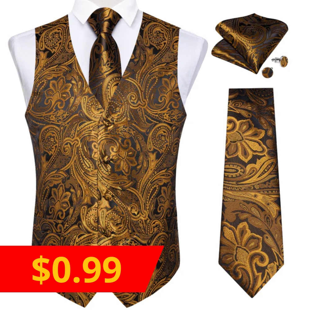 $0.99 Gold Brown Paisley Flower Silk Men's Vest Hanky Cufflinks Tie Set