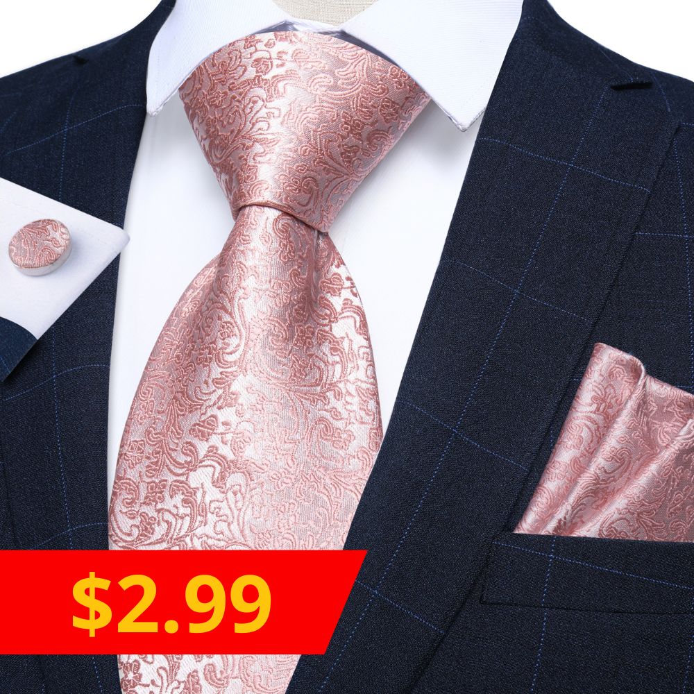 2.99 Pink Floral Men's Tie Set Tie Pocket Square Cufflinks Set