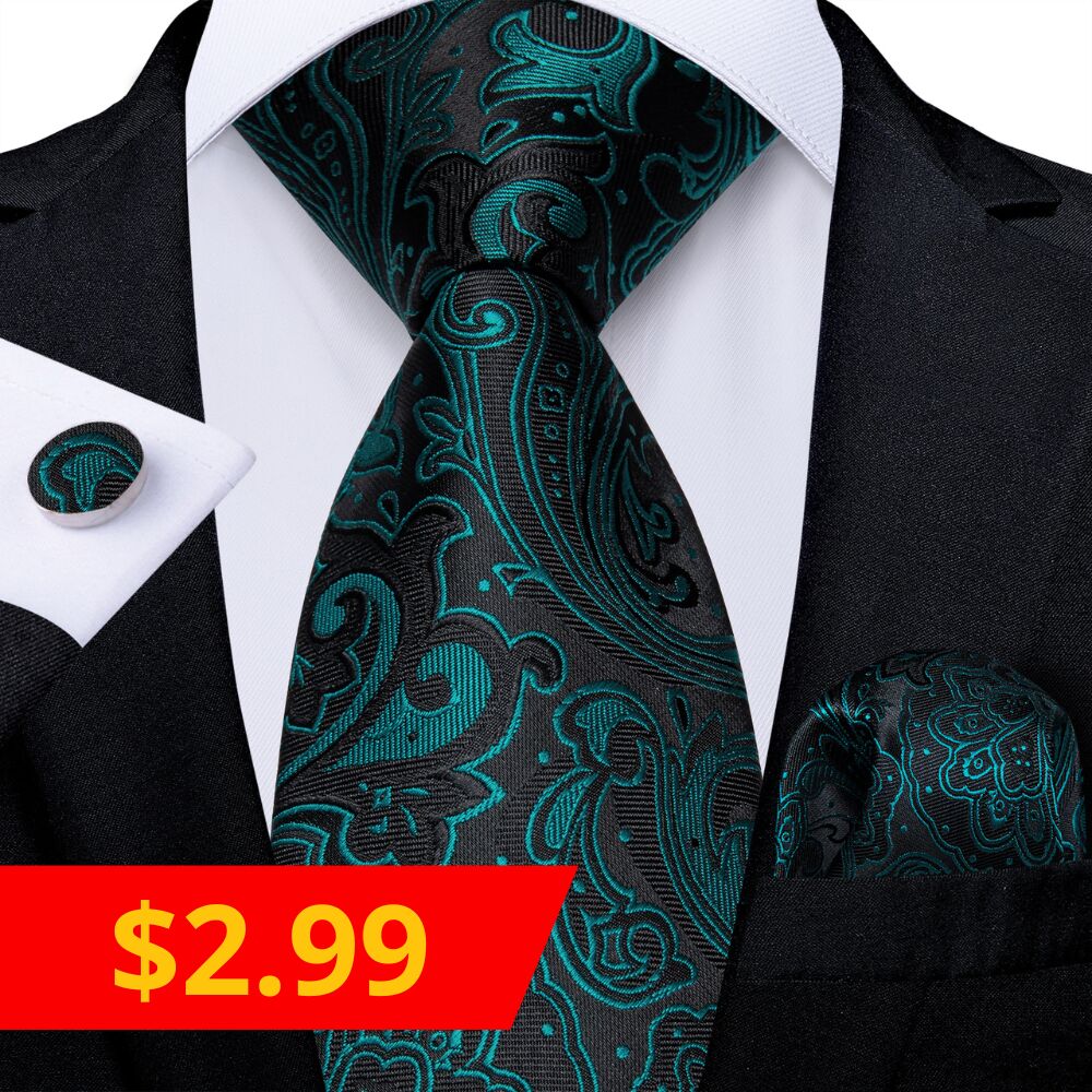 $2.99 Black Teal Green Paisley Silk Tie Pocket Square Cufflinks Set