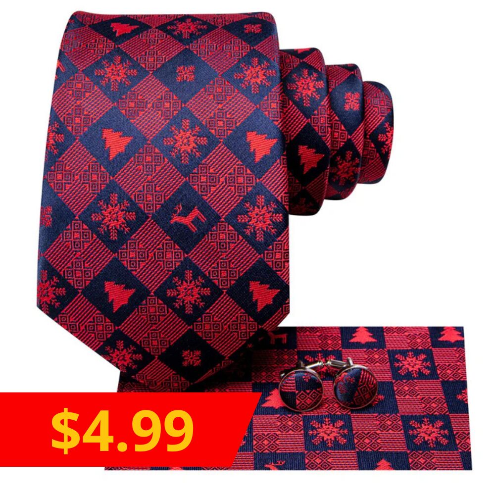 $4.99 Christmas Red Blue Plaid Tree Snow Novelty Men's Necktie Hanky Cufflinks Set