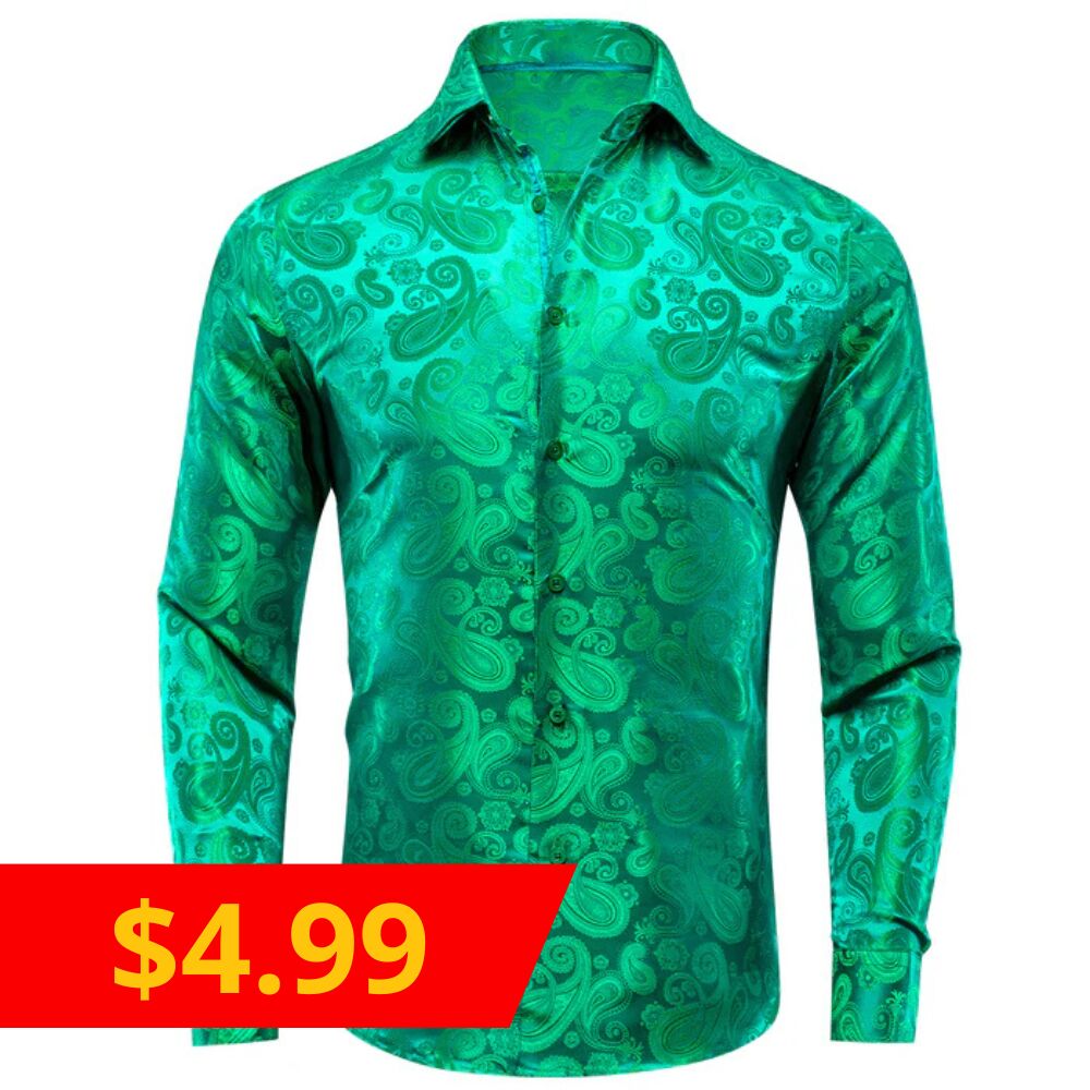 $4.99 Green Paisley Pattern Silk Men's Long Sleeve Shirt