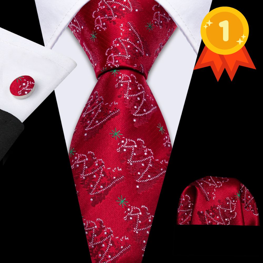 Red Christmas Snowflakes Silk Men's Necktie Pocket Square Cufflinks Set