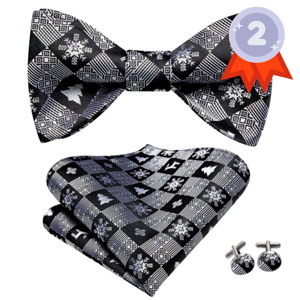 Black Christmas White Snow Novelty Self-tied Bow Tie Pocket Square Cufflinks Set