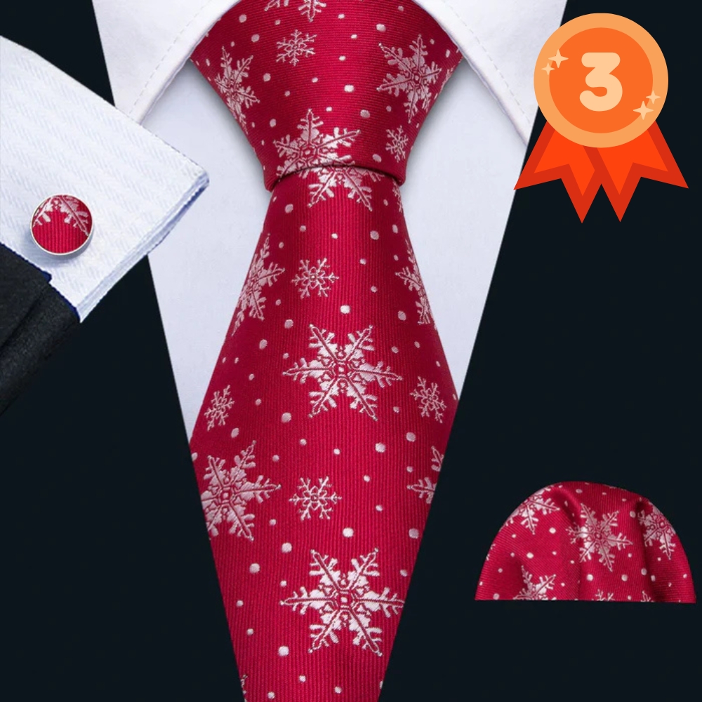 Christmas Red White Snowflake Silk Men's Necktie Pocket Square Cufflinks Set