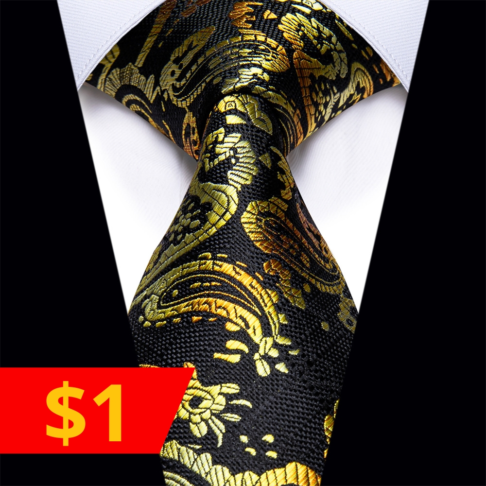 Ties2you Black Yellow Gold Paisley Silk Necktie Single Tie