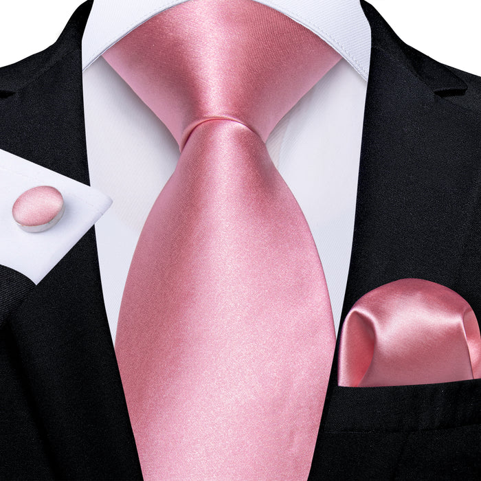 Baby Pink Pure Satin Solid Necktie Pocket Square Cufflinks Set