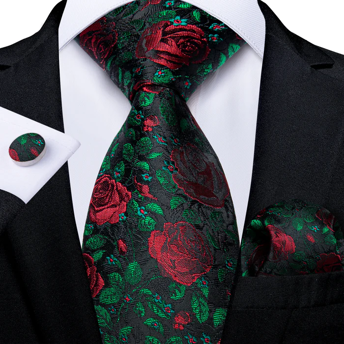 Red Rose Green Black Floral Men's Necktie Pocket Square Cufflinks Set with Lapel Pin